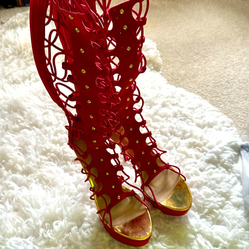Red Gladiator heels with back zipper